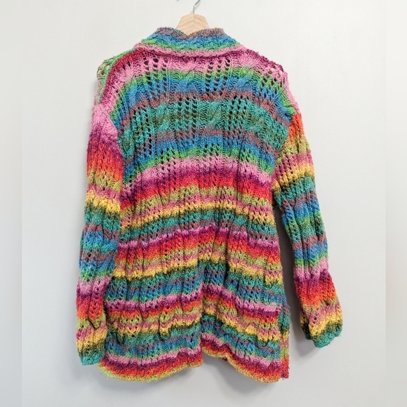 Handknit Gradient Rainbow Knit Open Chunky Cardigan Sweater - Picture 3 of 12
